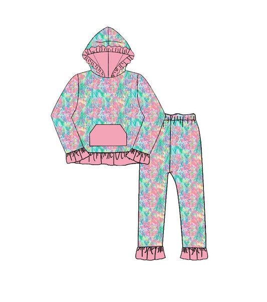Moq 5 Preorder Baby Girls Kids Long Sleeves Pocket Hoodie Pullover Flower Pants Set Clothes