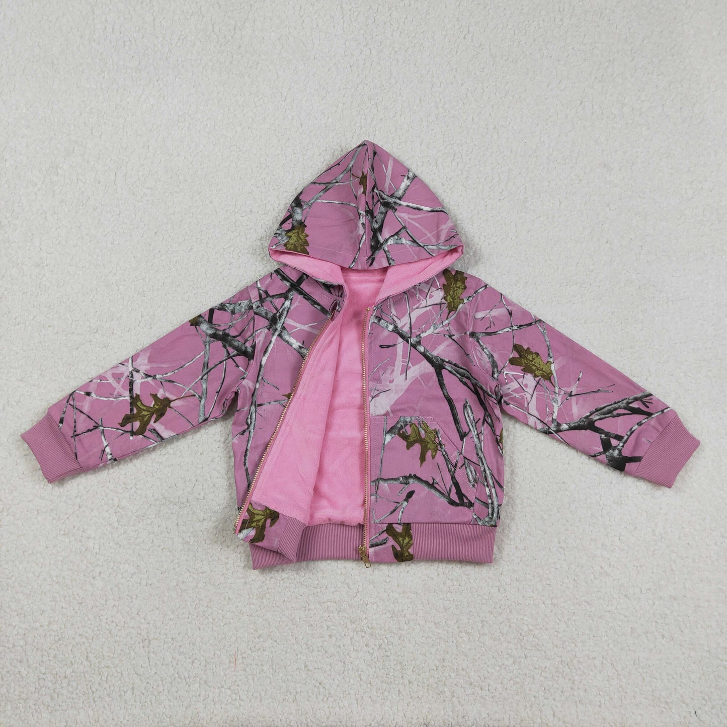 RTS Baby Girls Long Sleeves Southern Leaves Camo Zipper Pockets Pink Hoodie Jackets Coat