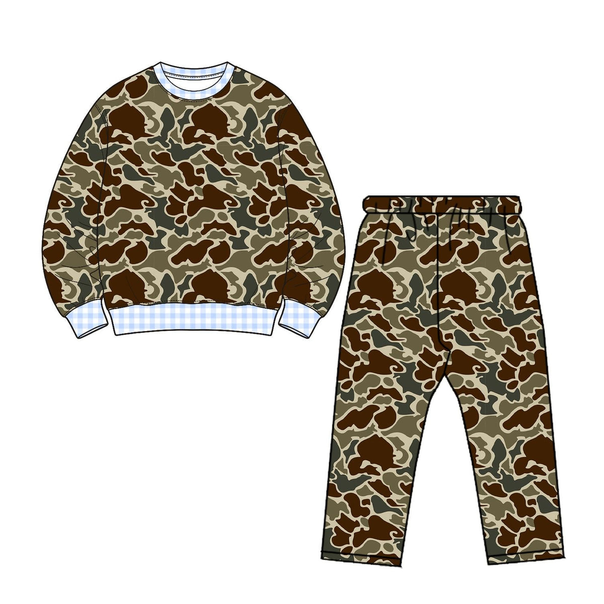 Moq 5 Preorder Baby Boys Kids Long Sleeves Plaid Pullover Camo Pants Set Clothes