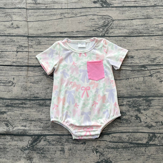 RTS Baby Girls Infant Short Sleeves Bows Pocket Bubble Romper
