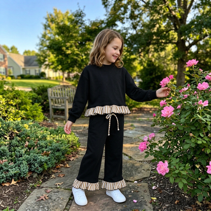 Baby Girls Kids Long Sleeves Shirt Pockets Pants Black Set Sweatsuit‌ Clothes