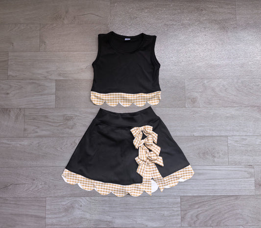 No moq Preorder Baby Girls Kids Scallop Black Shirt Bows Skirt Shorts Set Yoga Active Clothes