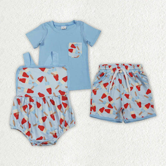 RTS Baby Boys Kids Popsicles 4th of July Blue Bubble Romper Set Clothes