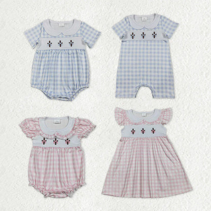 RTS Sibling Baby Boys Kids Short Sleeves Embroidery Crosses Plaid Easter Rompers Dress