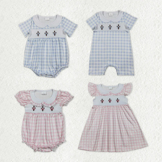 RTS Sibling Baby Boys Kids Short Sleeves Embroidery Crosses Plaid Easter Rompers Dress