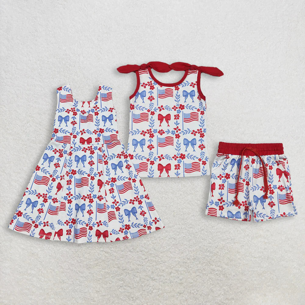 RTS Sibling Baby Girls Kids Sleeveless Flags Bows Flower Shorts Dress Set 4th of July Clothes