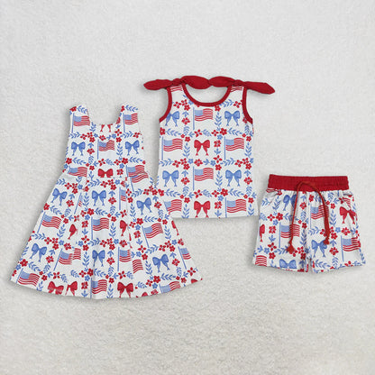 RTS Sibling Baby Girls Kids Sleeveless Flags Bows Flower Shorts Dress Set 4th of July Clothes