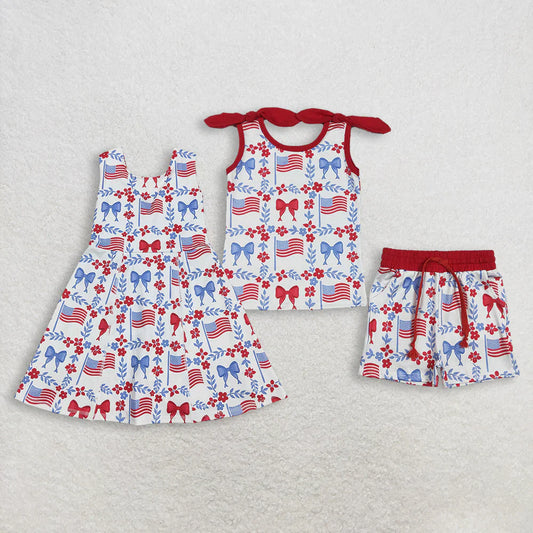 RTS Sibling Baby Girls Kids Sleeveless Flags Bows Flower Shorts Dress Set 4th of July Clothes