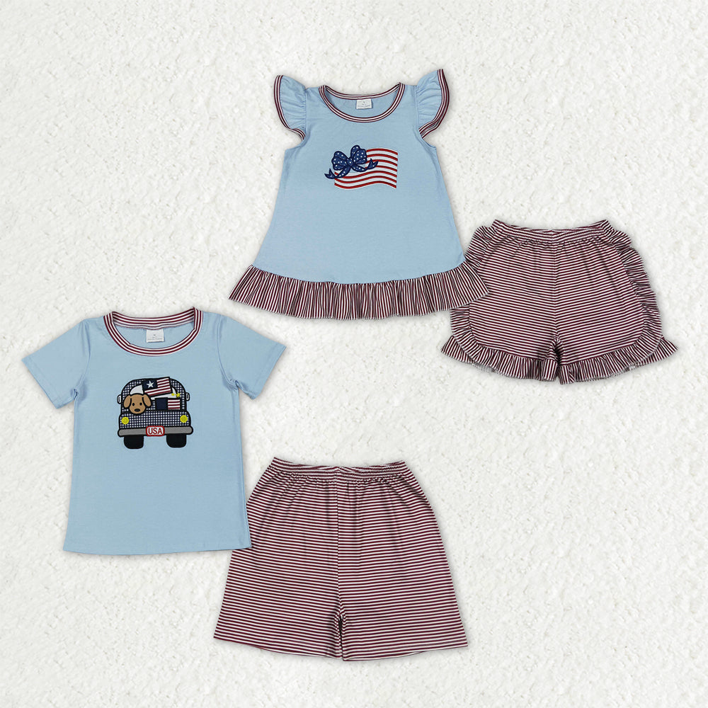 Sibling Baby Boys Girls Embroidery Flags Bows Dogs Shirts Stripes Shorts Set 4th of July Clothes