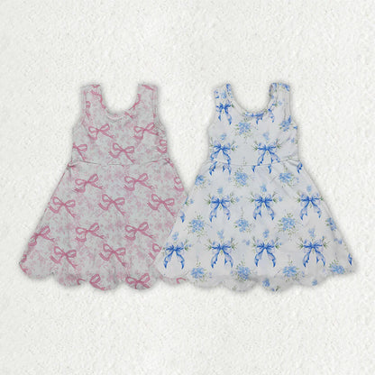 Sibling Baby Girls Kids Sleeveless Bows Floral Shorts Knee Length Dresses Clothes
