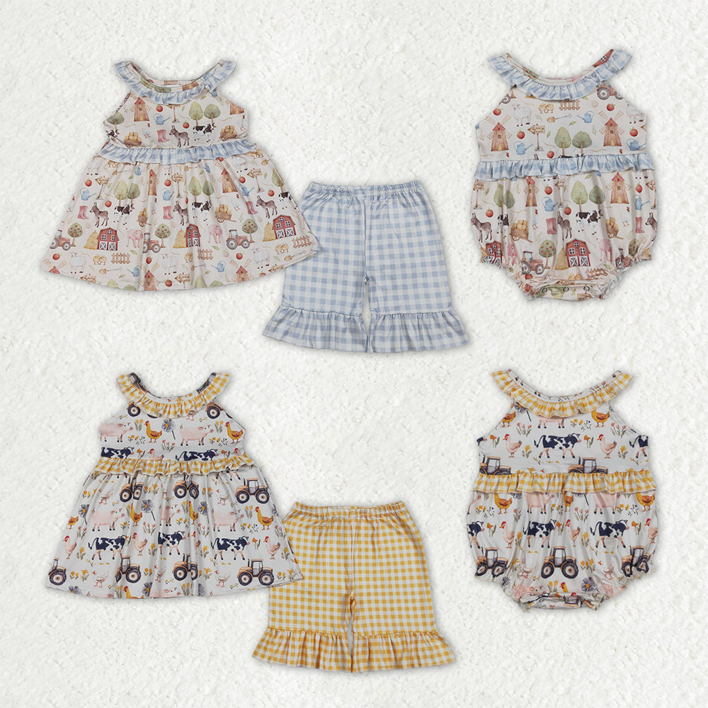 Sibling Baby Girls Kids Farm Animals Flower Tunic Ruffle Shorts Sets Rompers
