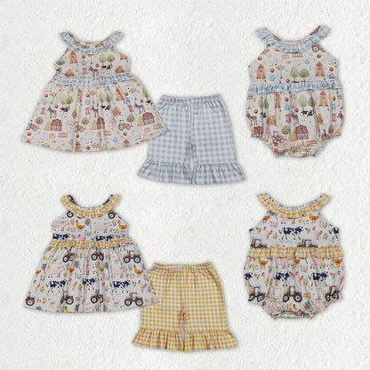Sibling Baby Girls Kids Farm Animals Flower Tunic Ruffle Shorts Sets Rompers