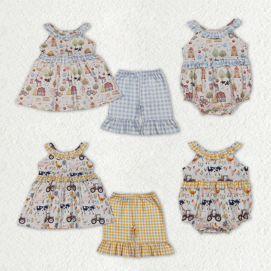 Sibling Baby Girls Kids Farm Animals Flower Tunic Ruffle Shorts Sets Rompers