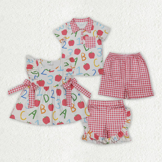 Sibling Baby Boys Girls Kids Short Sleeves Apple Tops Red Plaid Shorts Sets Back to School Clothes
