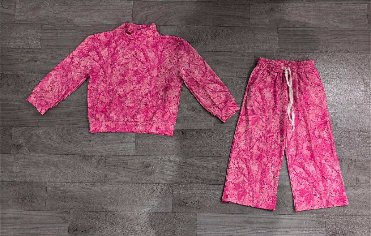 No moq Preorder Baby Girls Kids Pink Long Sleeves Leaves Shirt Pants Camo Set Clothes