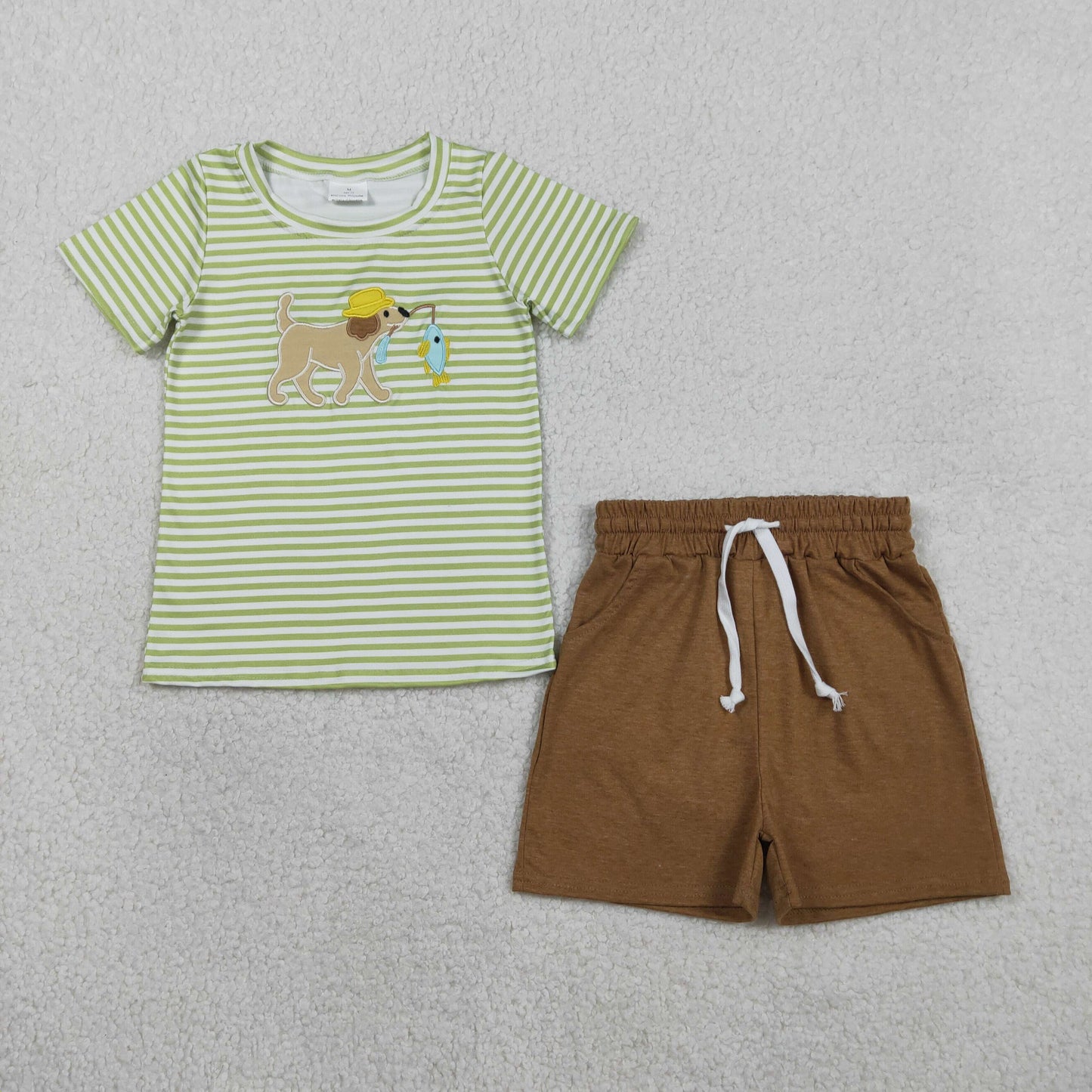 RTS Sibling Baby Boys Short Sleeves Embroidery Dog Fishing Pockets  Shorts Set Romper Clothes