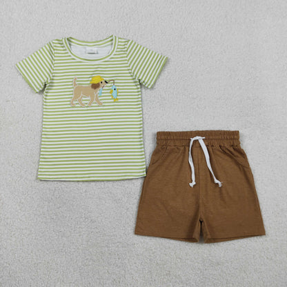 RTS Sibling Baby Boys Short Sleeves Embroidery Dog Fishing Pockets  Shorts Set Romper Clothes