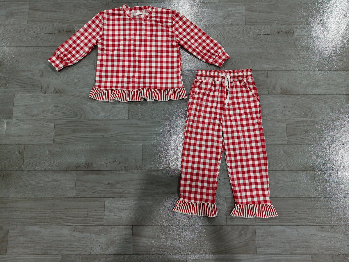 No moq Preorder Baby Girls Kids Long Sleeves Red Plaid Shirt Ruffle Pants Set Clothes