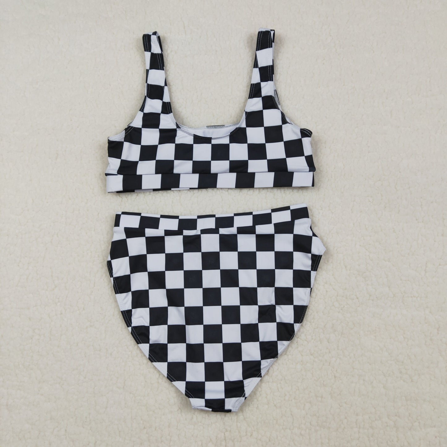 RTS Adult Women Sleeveless Black Checked Tops Shorts Swimsuit Set