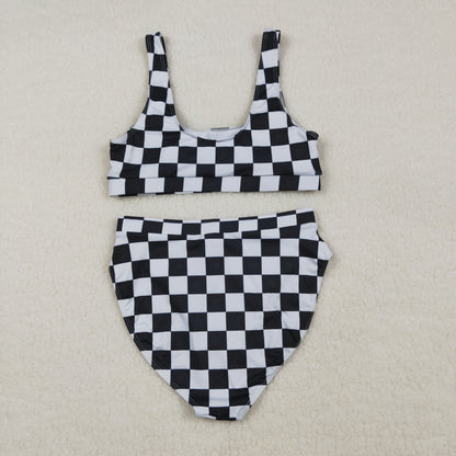 RTS Adult Women Sleeveless Black Checked Tops Shorts Swimsuit Set