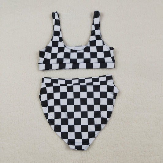 RTS Adult Women Sleeveless Black Checked Tops Shorts Swimsuit Set