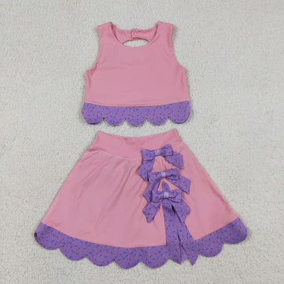 Baby Girls Kids Sleeveless Pink Tops Purple Bows Skirt Shorts Yoga Clothes Set