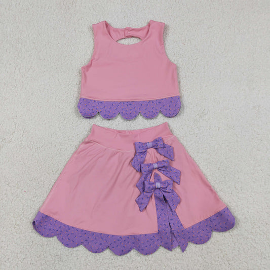 Baby Girls Kids Sleeveless Pink Tops Purple Bows Skirt Shorts Yoga Clothes Set