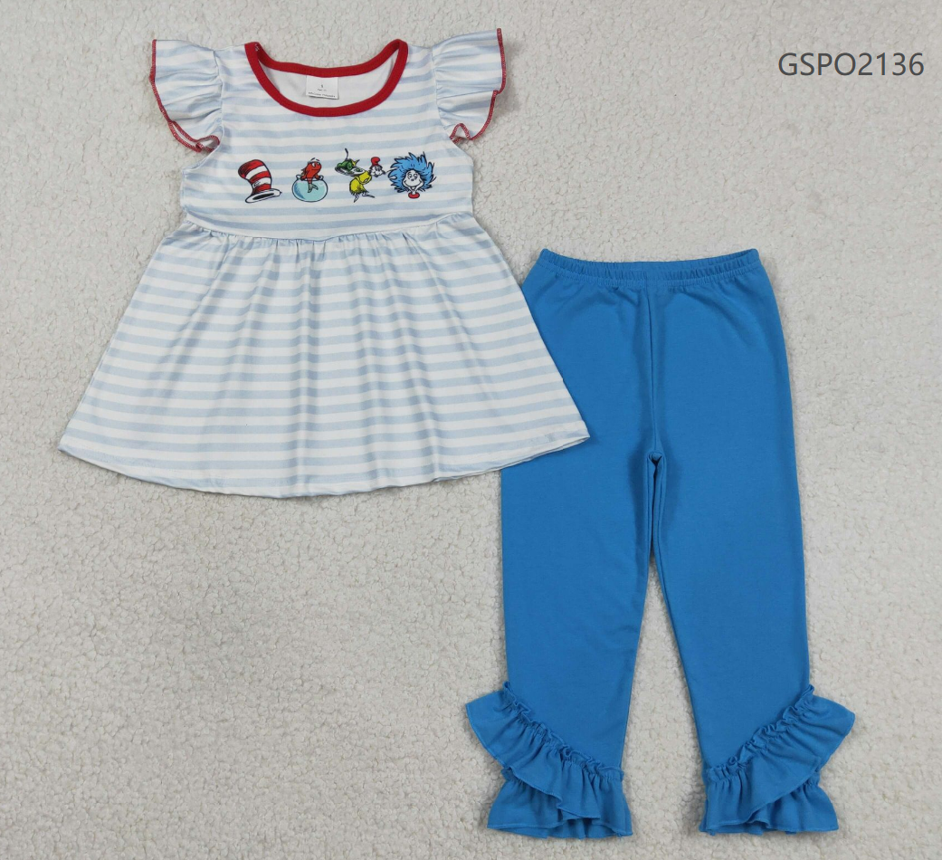 Baby Girls Short Sleeves Stripes Reading Tunic Blue Ruffle Pants Clothes Set RTS