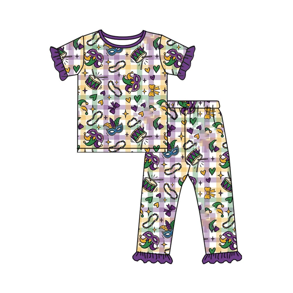 Moq 5 Preorder Baby Girls Kids Masks Plaid Shirt Pants Pajamas Mardi Gras Set Clothes