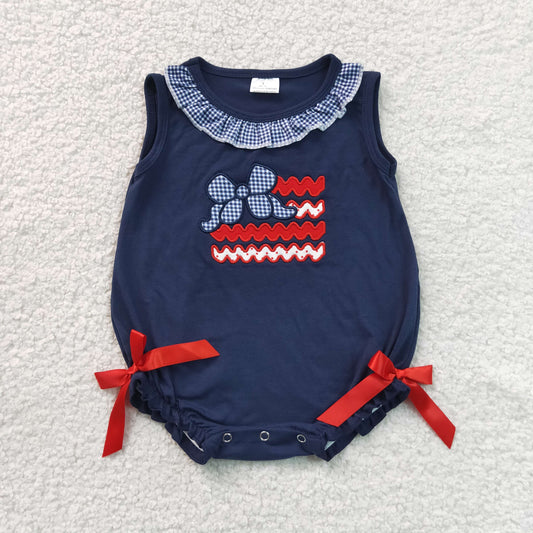 Baby Girls Infant Sleeveless Embroidery Bows 4th of July Navy Bubble Romper Clothes
