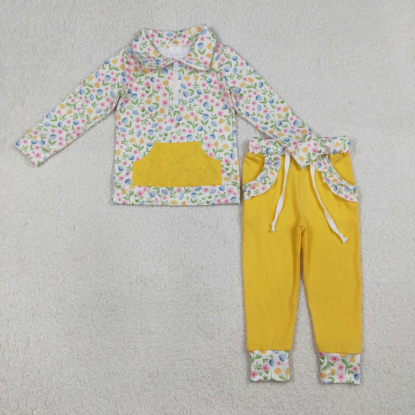 RTS Baby Girls Kids Long Sleeves Floral Zipper Shirt Pockets Yellow Pants Clothes Set