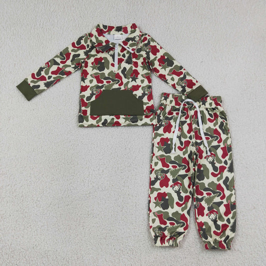 Baby Boys Kids Christmas Tree Camo Zipper Shirt Pockets Pants Clothes Set