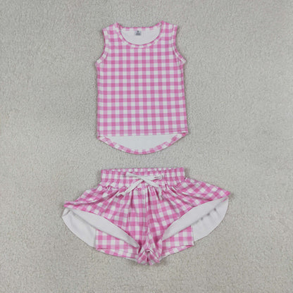Sibling Baby Girls Kids Sleeveless Plaid Tops Shorts Sets Yoga Active Clothes