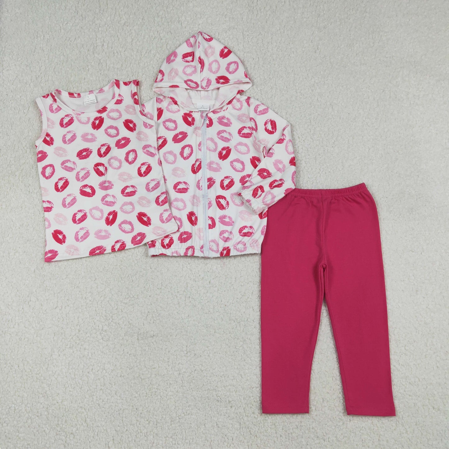 Baby Girls Long Sleeves Zipper Hoodie Tops Pink Pants Valentine 3 pics Set