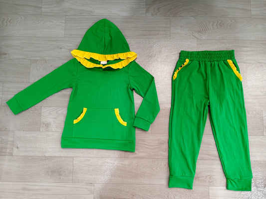 No moq Preorder Baby Girls Kids Yellow Ruffle Hoodie Pullover Pockets Pants Green Set Cotton Clothes