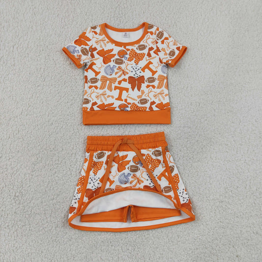 Baby Girls Kids Short Sleeves Orange Bows Shirt Team Skirt Shorts Yoga Set