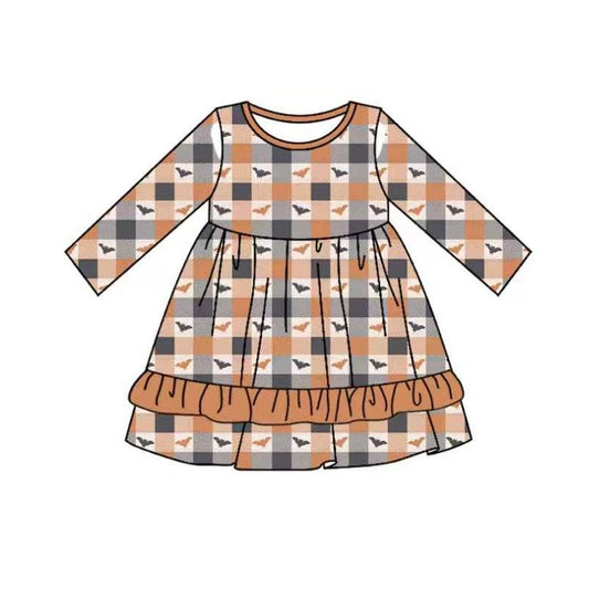 Moq 5 Preorder Baby Girls Kids Long Sleeves Bats Plaid Halloween Knee Length Dress