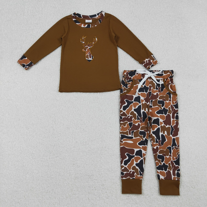 RTS Sibling Sibling Baby Boys Kids Embroidery Deer Camo Hunting Brown Romper Sets