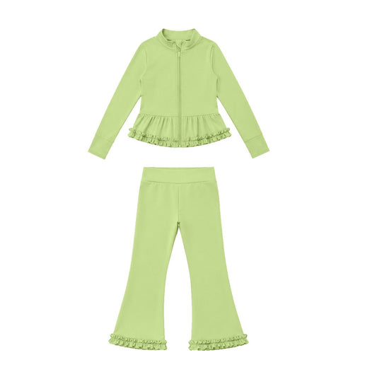 Moq 5 Preorder Baby Girls Kids Zipper Ruffle Cardigan Tops Pants Green Set Yoga Active Clothes
