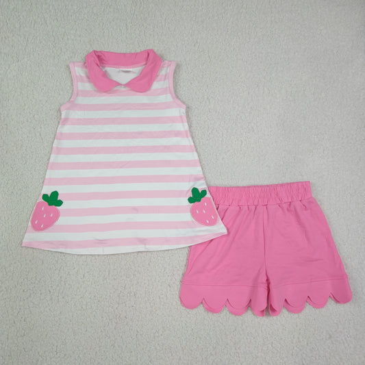 Baby Girls Kids Embroidery Strawberry Stripes Tops Pink Scallop Shorts Set Clothes