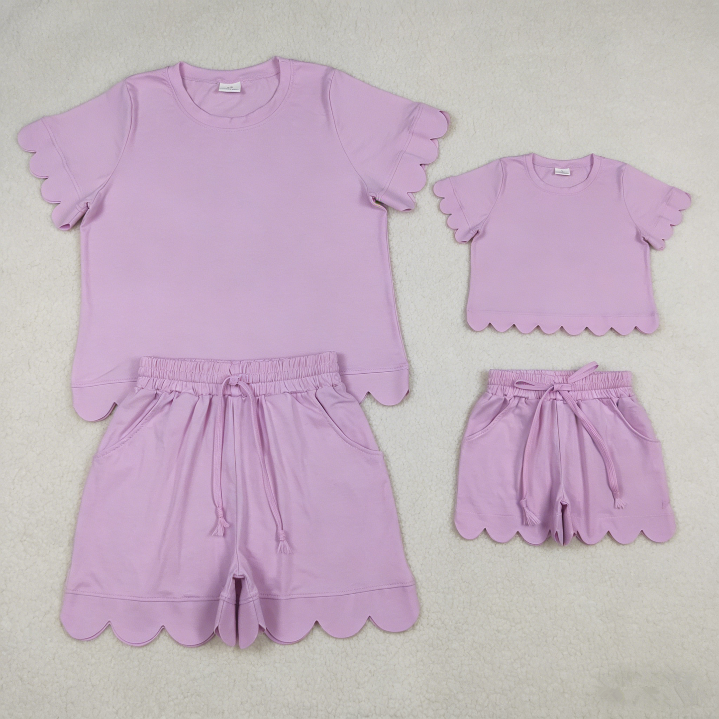 RTS Sibling Baby Girls Adult Women Short Sleeves Lavender Cotton Shirts Shorts Scallop Sets Summer Clothes