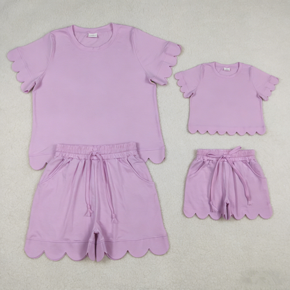 RTS Sibling Baby Girls Adult Women Short Sleeves Lavender Cotton Shirts Shorts Scallop Sets Summer Clothes