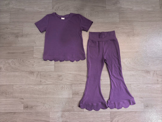 No moq Preorder Baby Girls Kids Short Sleeves Purple Shirt Pants Scallop Set Clothes