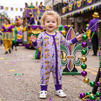 Baby Toddler Kids Long Sleeves Flower Donuts Mardi Gras Zipper Footie Sleeper Romper Clothes