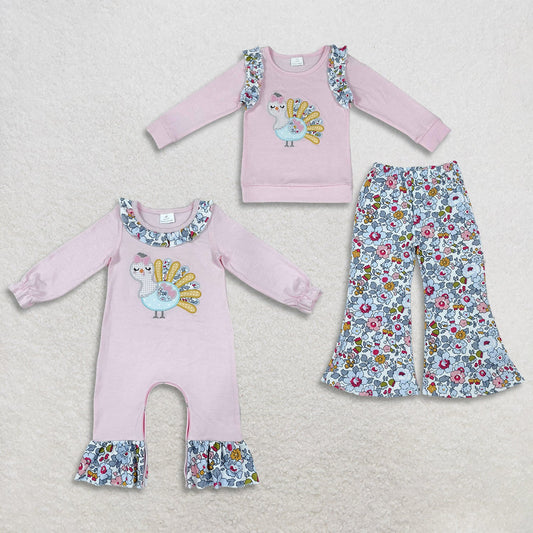 Sibling Baby Girls Kids Long Sleeves Embroidery turkey Thanksgiving Floral Romper Set Fall Clothes