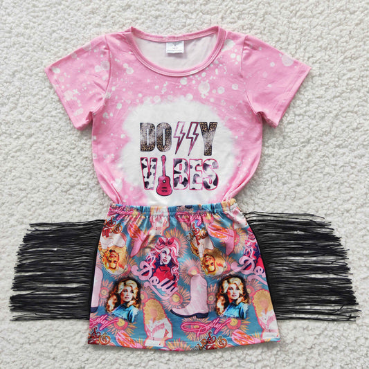 Promotion Baby Girl Short Sleeves Singer Shirt Tassel Skirt Summer Outfit