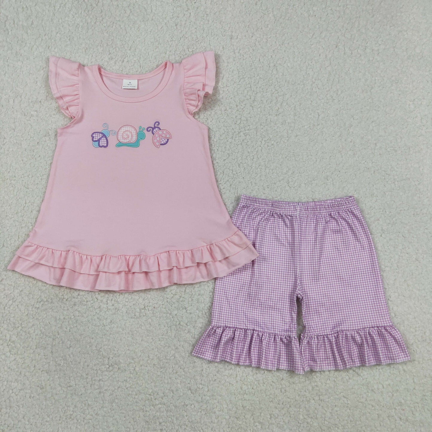 Baby Girls Short Sleeves Embroidery Animals Tops Purple Shorts Summer Clothes Set