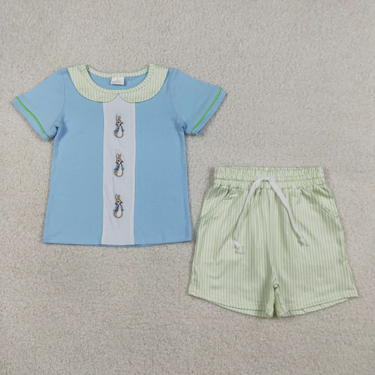 RTS Baby Boys Kids Short Sleeves Embroidery Rabbits Shirt Pockets Stripes Shorts Easter Set