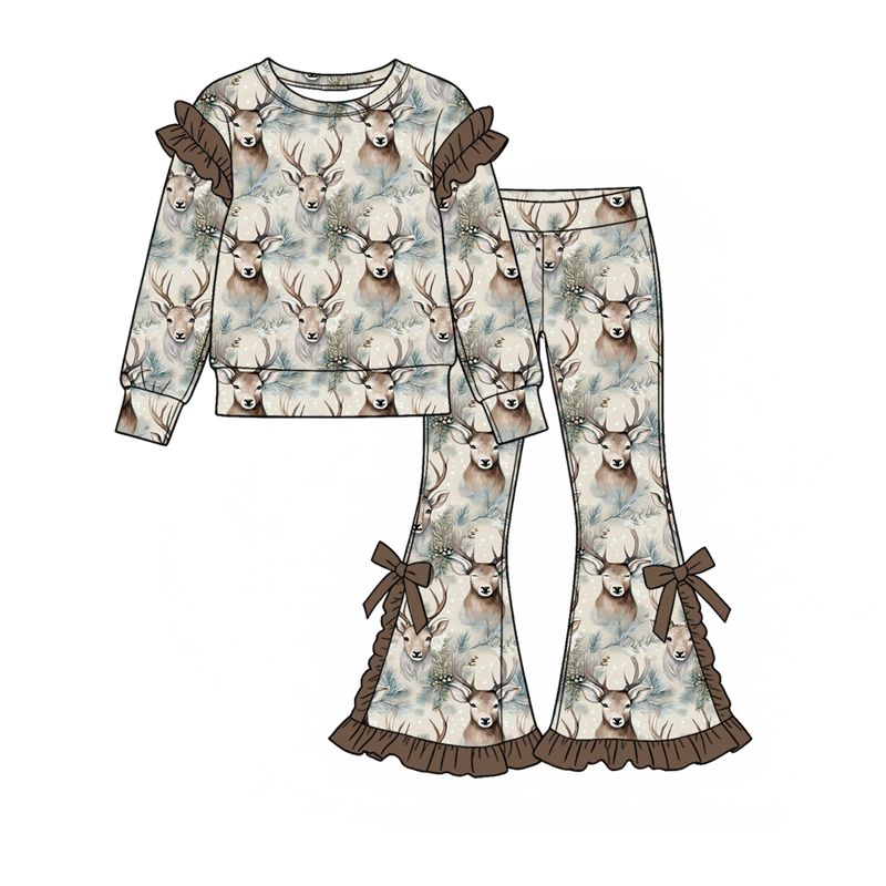 Moq 5 Preorder Baby Girls Kids Long Sleeves Deer Shirt Bows Pants Set Clothes