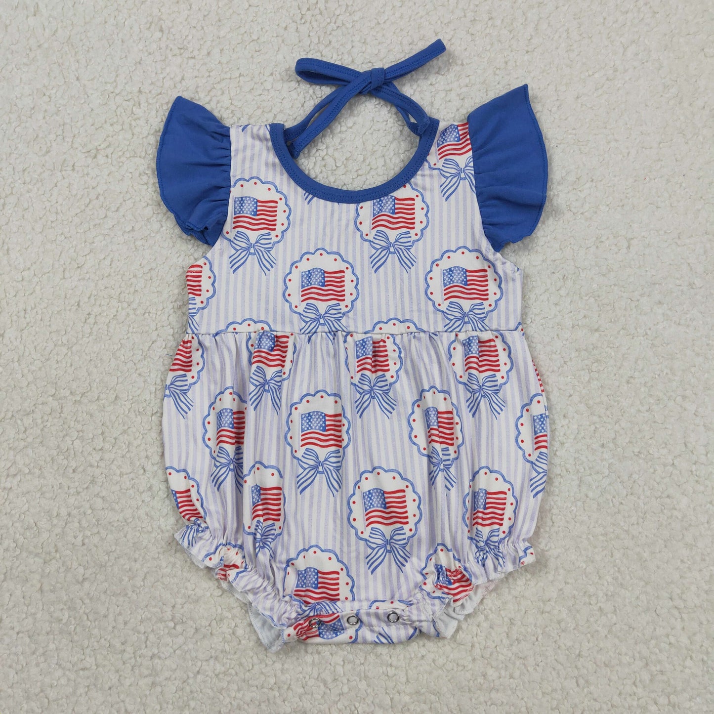 Baby Girls Infant Short Sleeves Blue Bows Flags 4th of July Bubble Romper